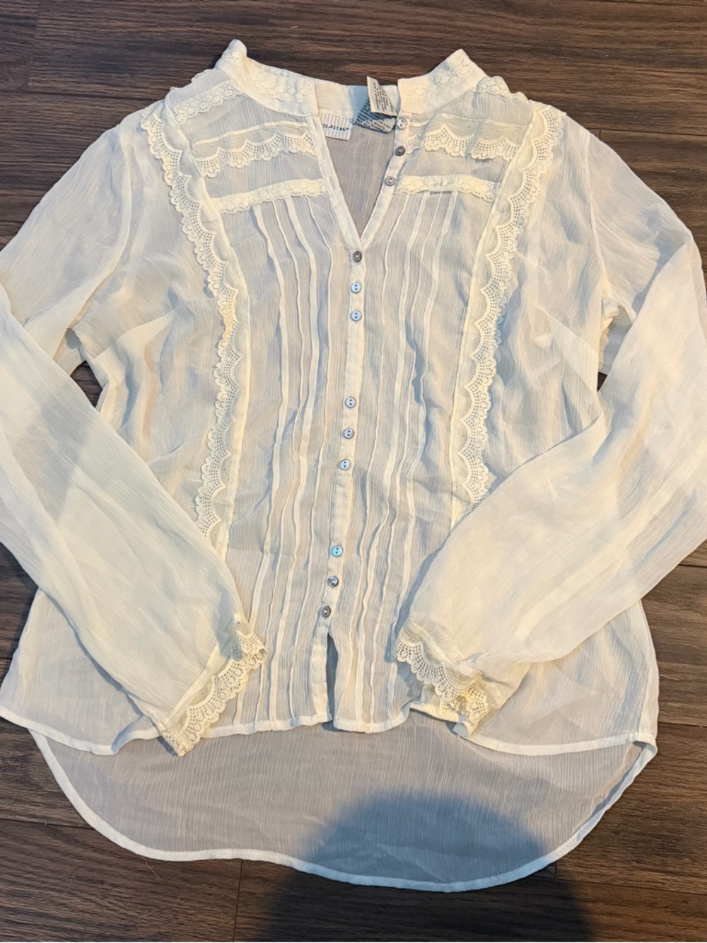 Sheer Lace-Trim Button Front Blouse in Cream